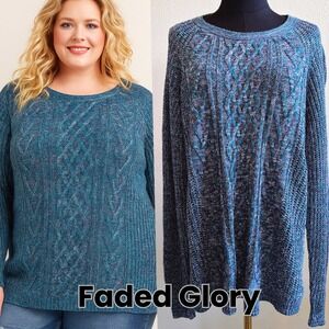 Faded Glory Womens SZ XXL (20) Cable Knit Sweater Antique Teal Blue Cotton Blend